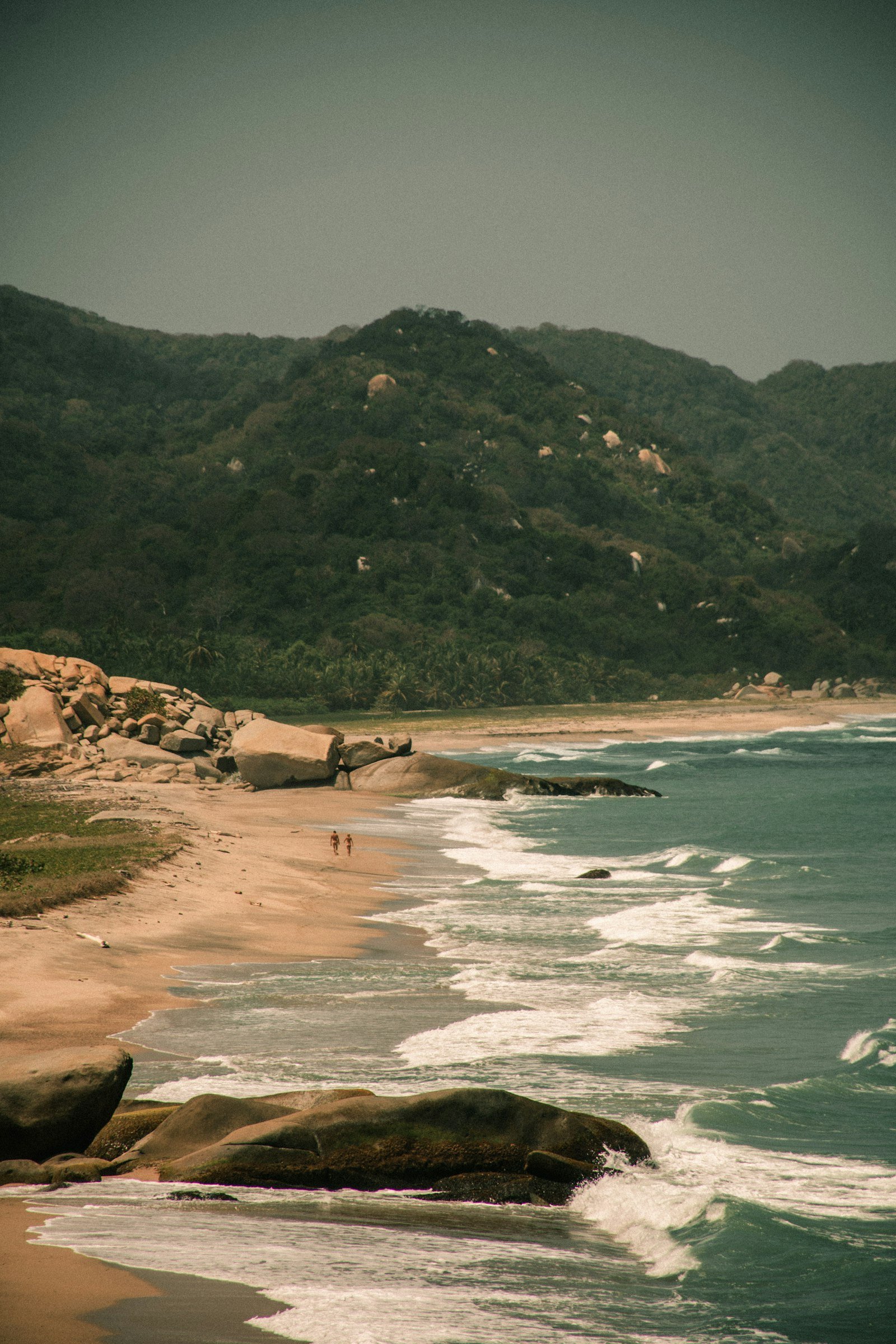 Playa del Parque Tayrona en Santa Marta con montañas y selva llegando hasta el mar